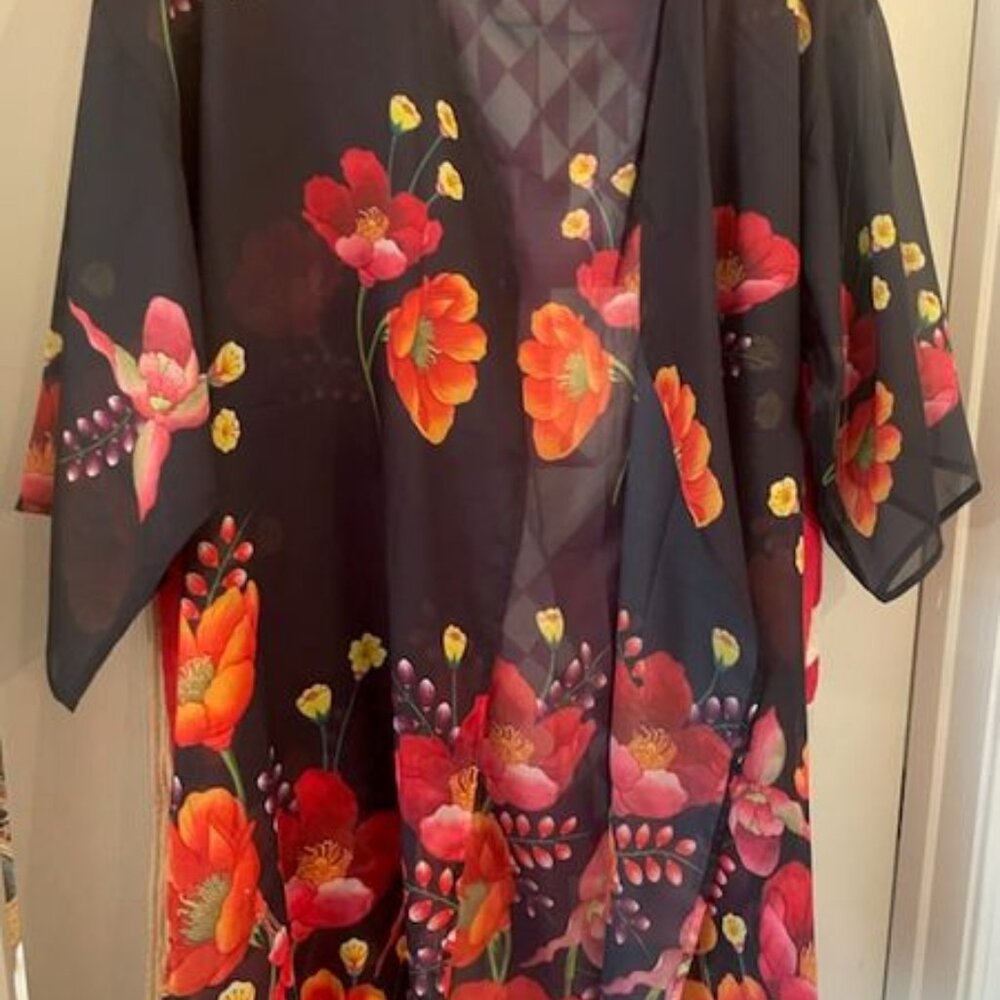 ANUSCHKA NAVY FLORAL KIMONO SZ M/L - NEW WITH TAGS
